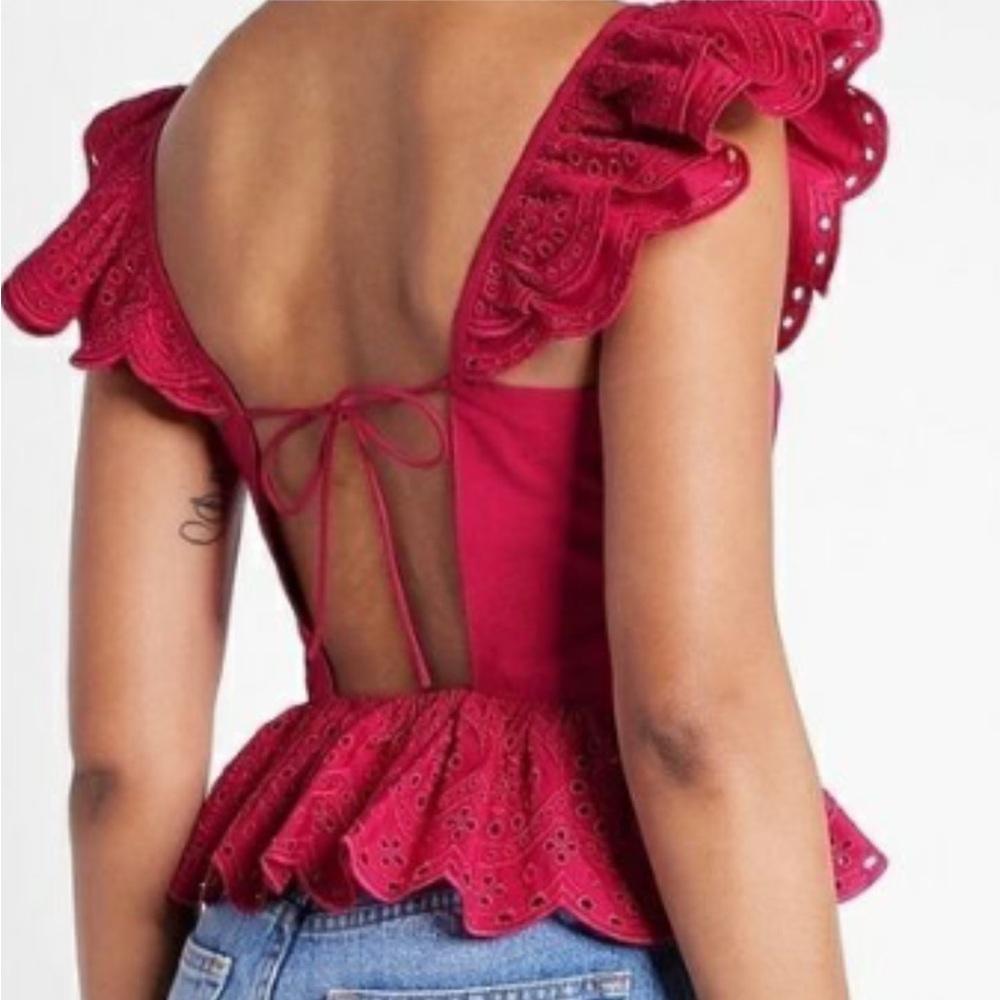 Express Red Eyelet Ruffle Blouse - Picture 1 of 6